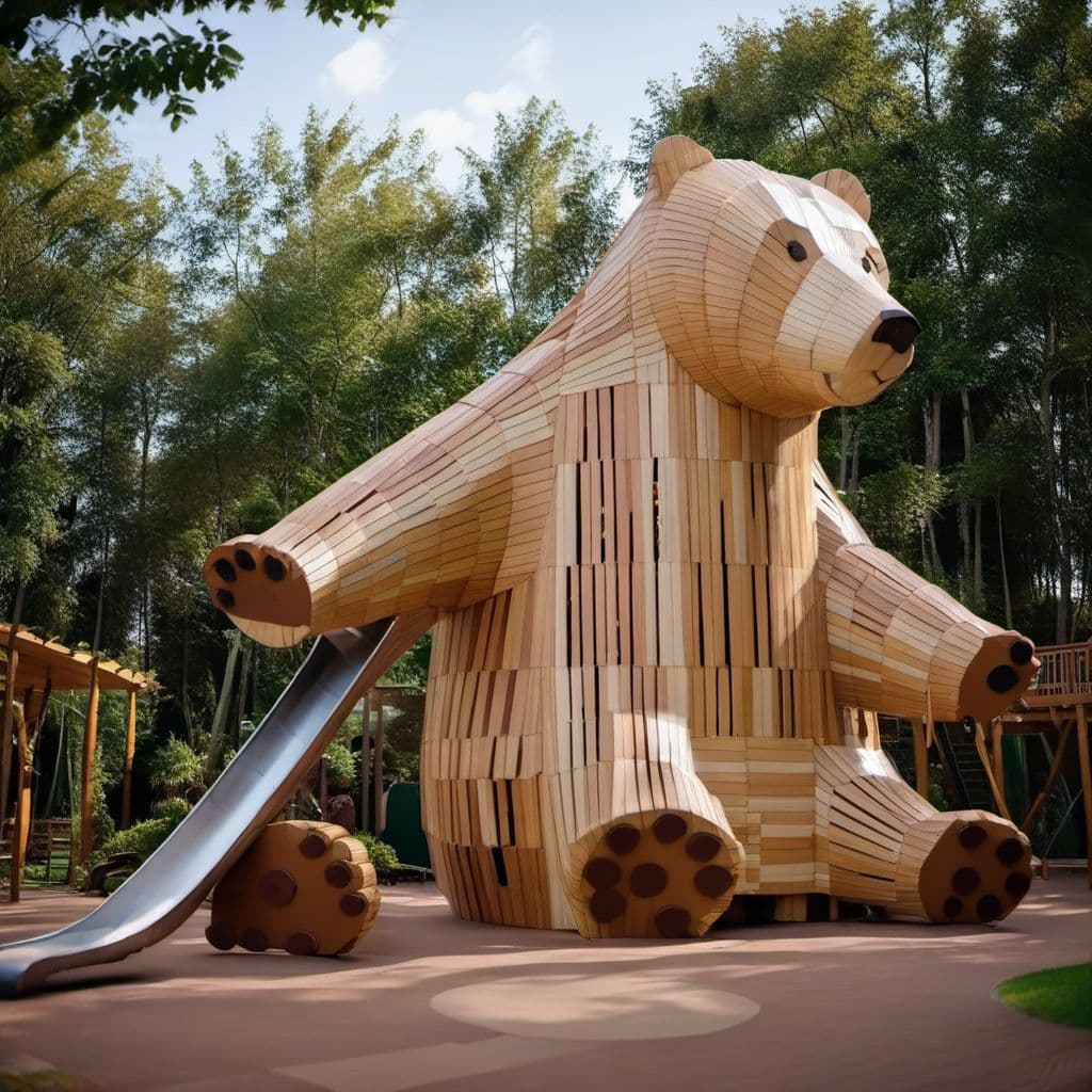 Giant wooden bear sculpture playground with slides
