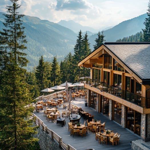 Mountain restaurant with terrace seating overlooking forest